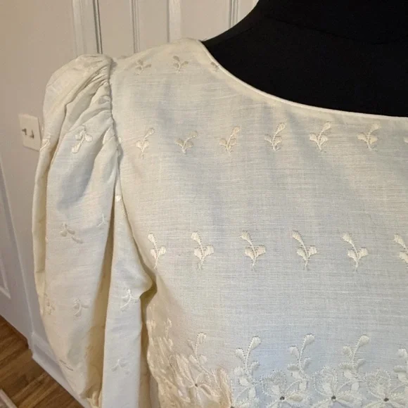 Vintage 80s Eyelet Prairie Bridal Dress Ivory Puff Sleeve Formal Cottagecore - Picture 5 of 16